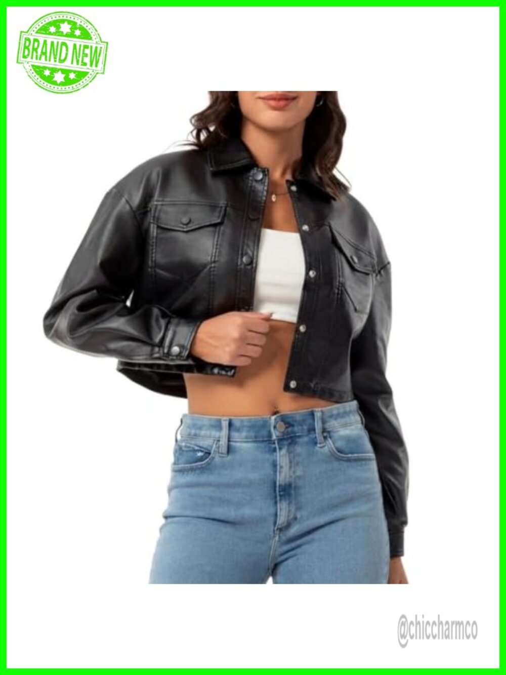 Faux Leather Cropped Moto Biker Jacket Point Collar Button Down